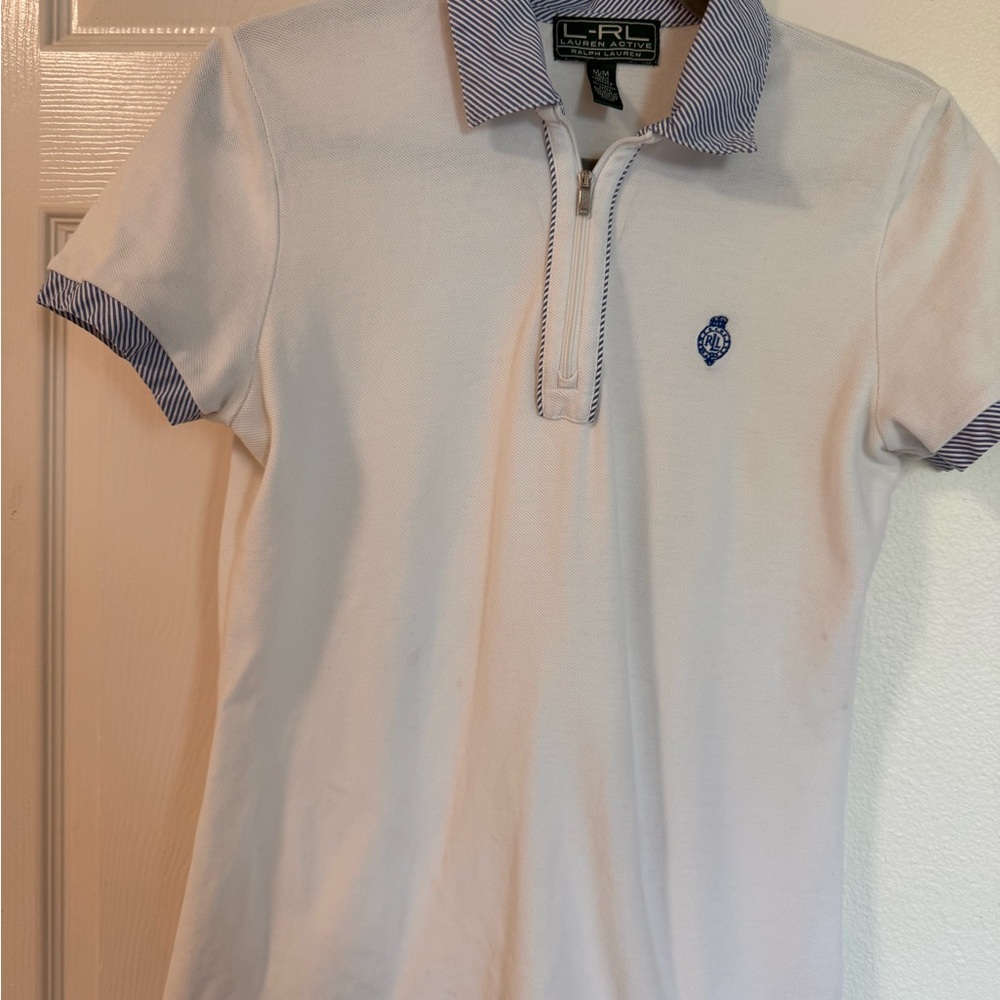 Ralph Lauren White Zip Polo with Blue Striped Collar